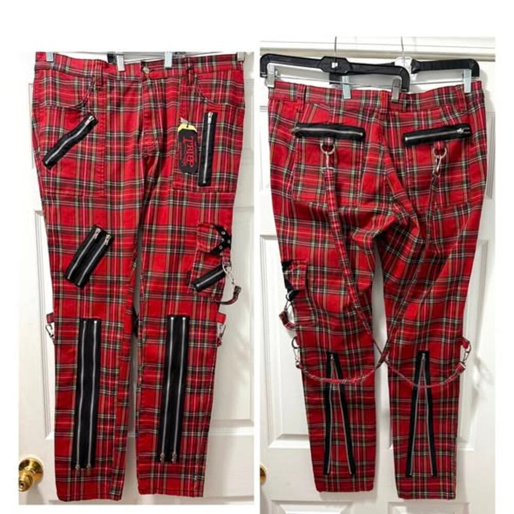 Tripp NYC Red Plaid Bondage Straps Mens Size 40 Slim Leg Pants Daang Goodman New